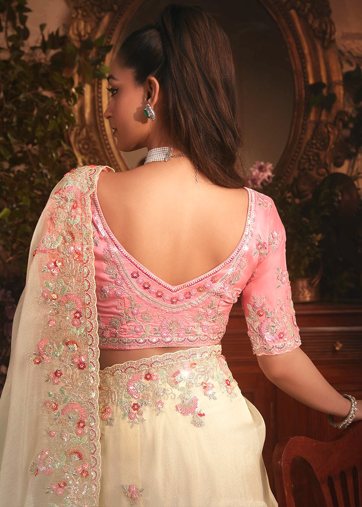 Cream White Embroidered Tissue Organza Saree – Designer Collection