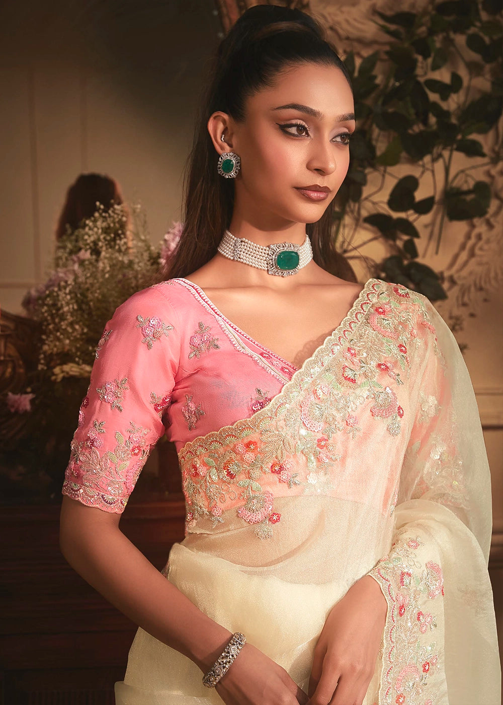 Cream White Embroidered Tissue Organza Saree – Designer Collection