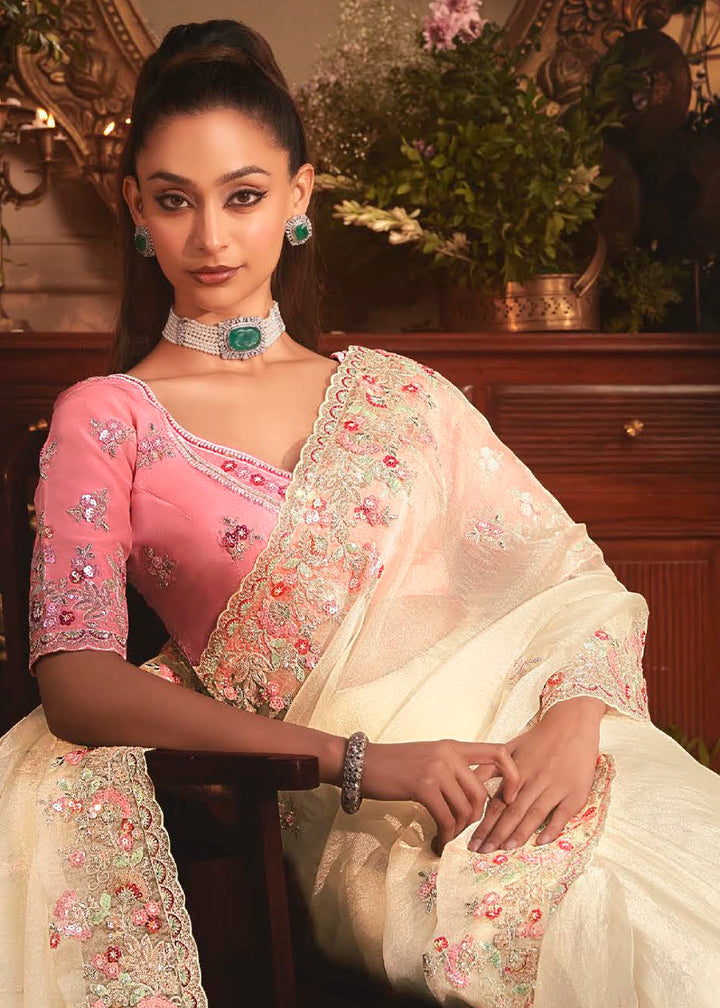 Cream White Embroidered Tissue Organza Saree – Designer Collection
