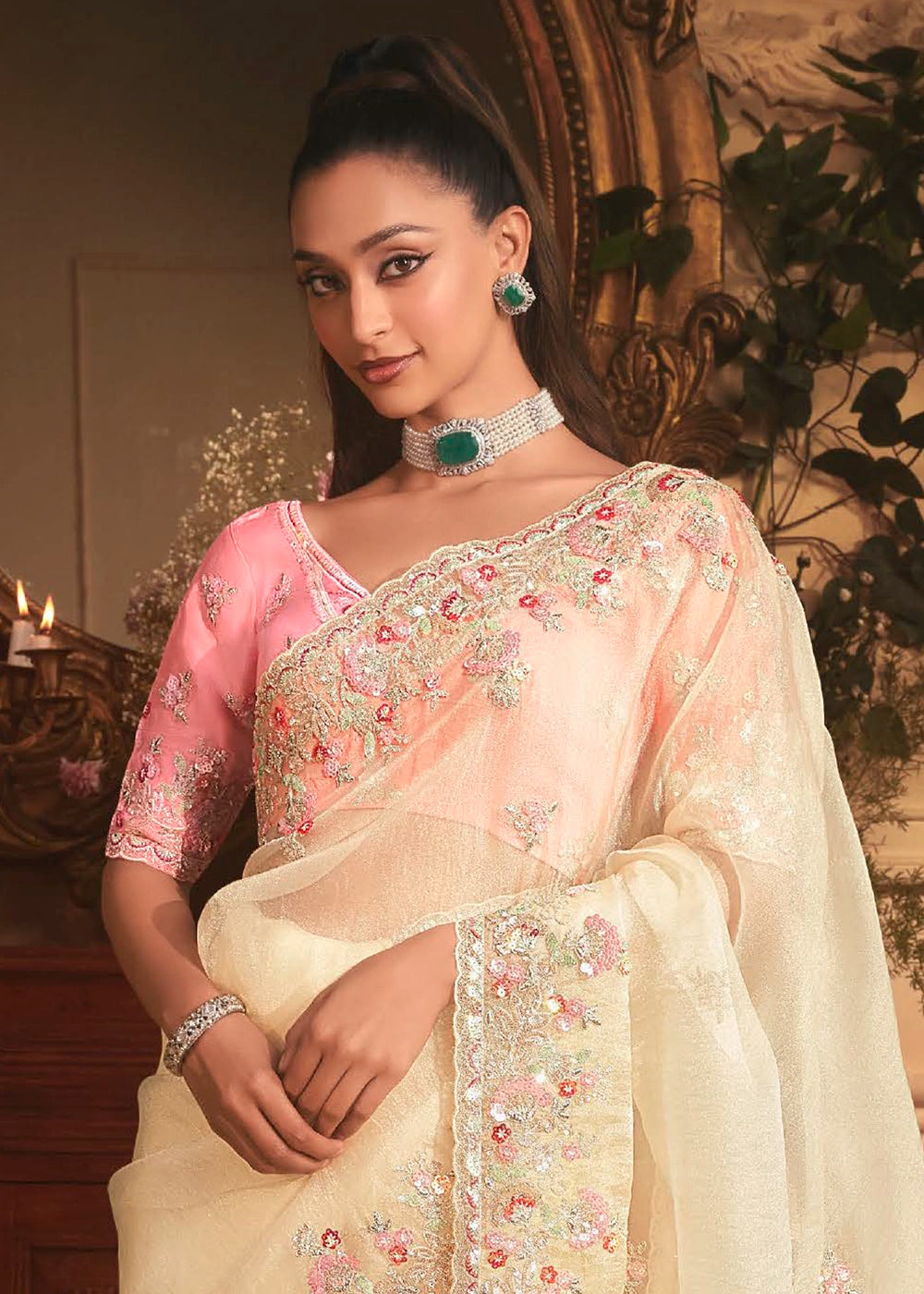 Cream White Embroidered Tissue Organza Saree – Designer Collection