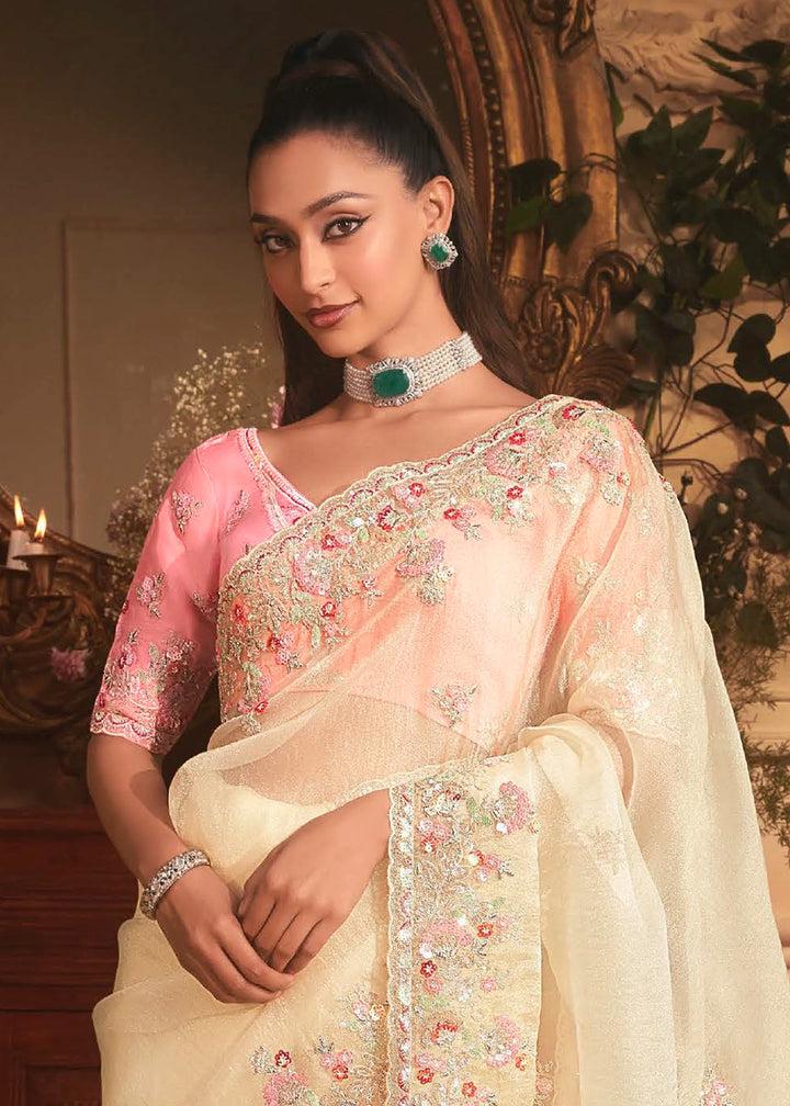 Cream White Embroidered Tissue Organza Saree – Designer Collection