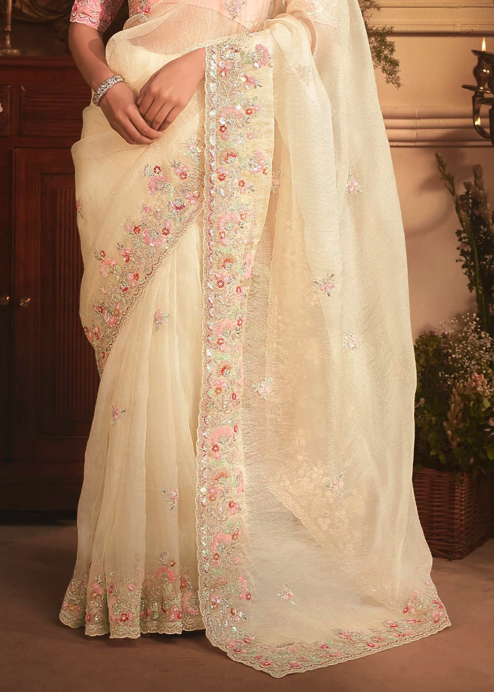 Cream White Embroidered Tissue Organza Saree – Designer Collection
