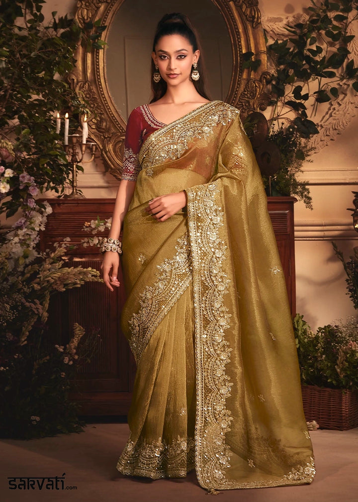 Dijon Yellow Embroidered Tissue Organza Saree – Designer Collection