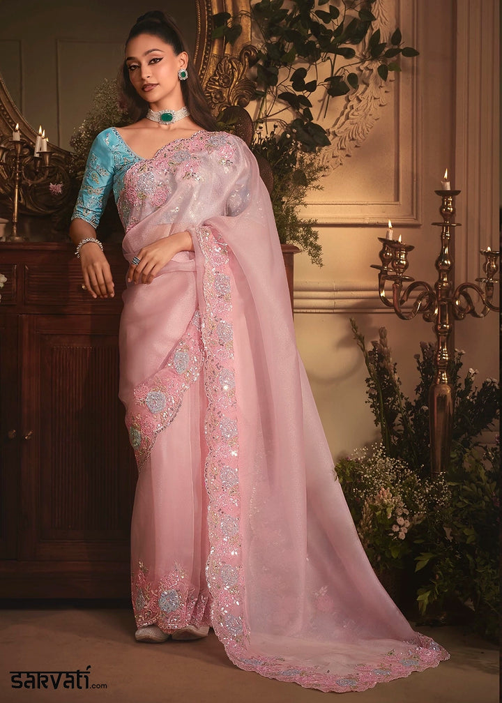 Lemonade Pink Embroidered Tissue Organza Saree – Designer Collection