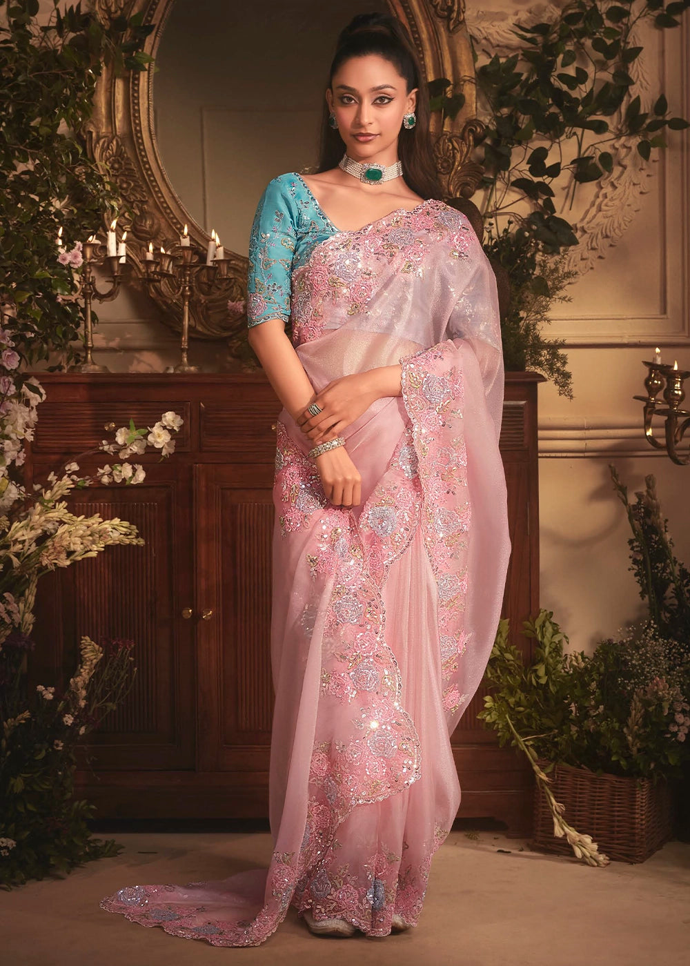 Lemonade Pink Embroidered Tissue Organza Saree – Designer Collection