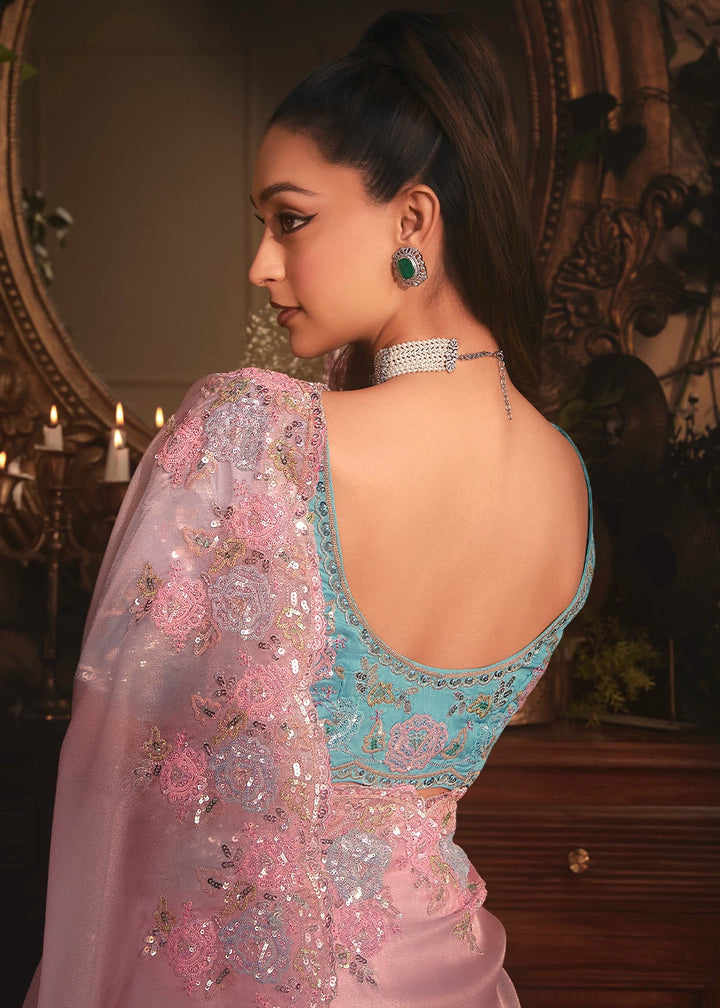 Lemonade Pink Embroidered Tissue Organza Saree – Designer Collection