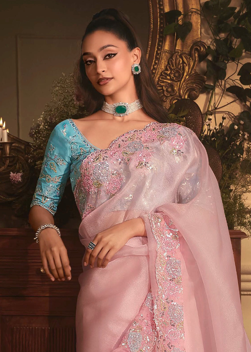 Lemonade Pink Embroidered Tissue Organza Saree – Designer Collection