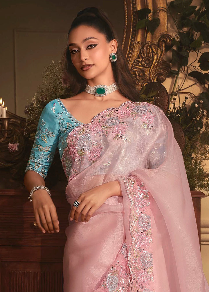 Lemonade Pink Embroidered Tissue Organza Saree – Designer Collection