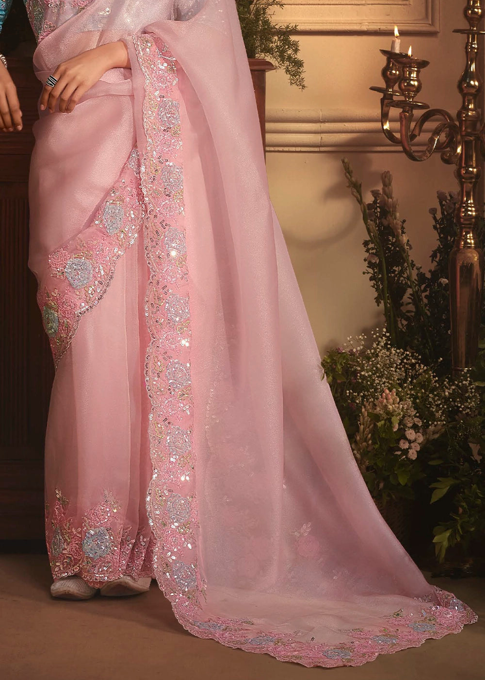 Lemonade Pink Embroidered Tissue Organza Saree – Designer Collection