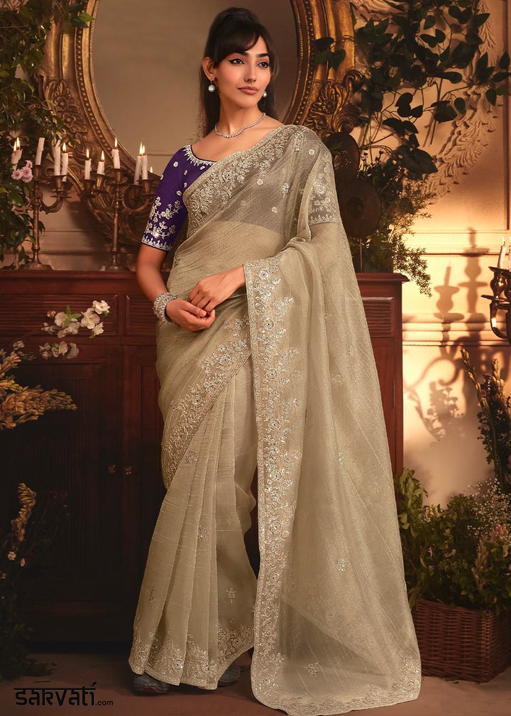 Oyster Grey Embroidered Tissue Organza Saree – Designer Collection