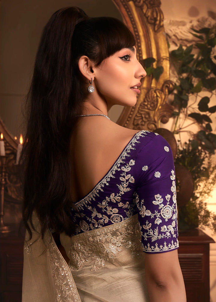 Oyster Grey Embroidered Tissue Organza Saree – Designer Collection