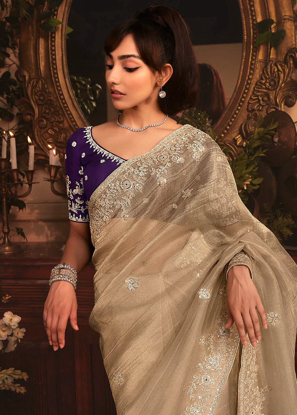 Oyster Grey Embroidered Tissue Organza Saree – Designer Collection