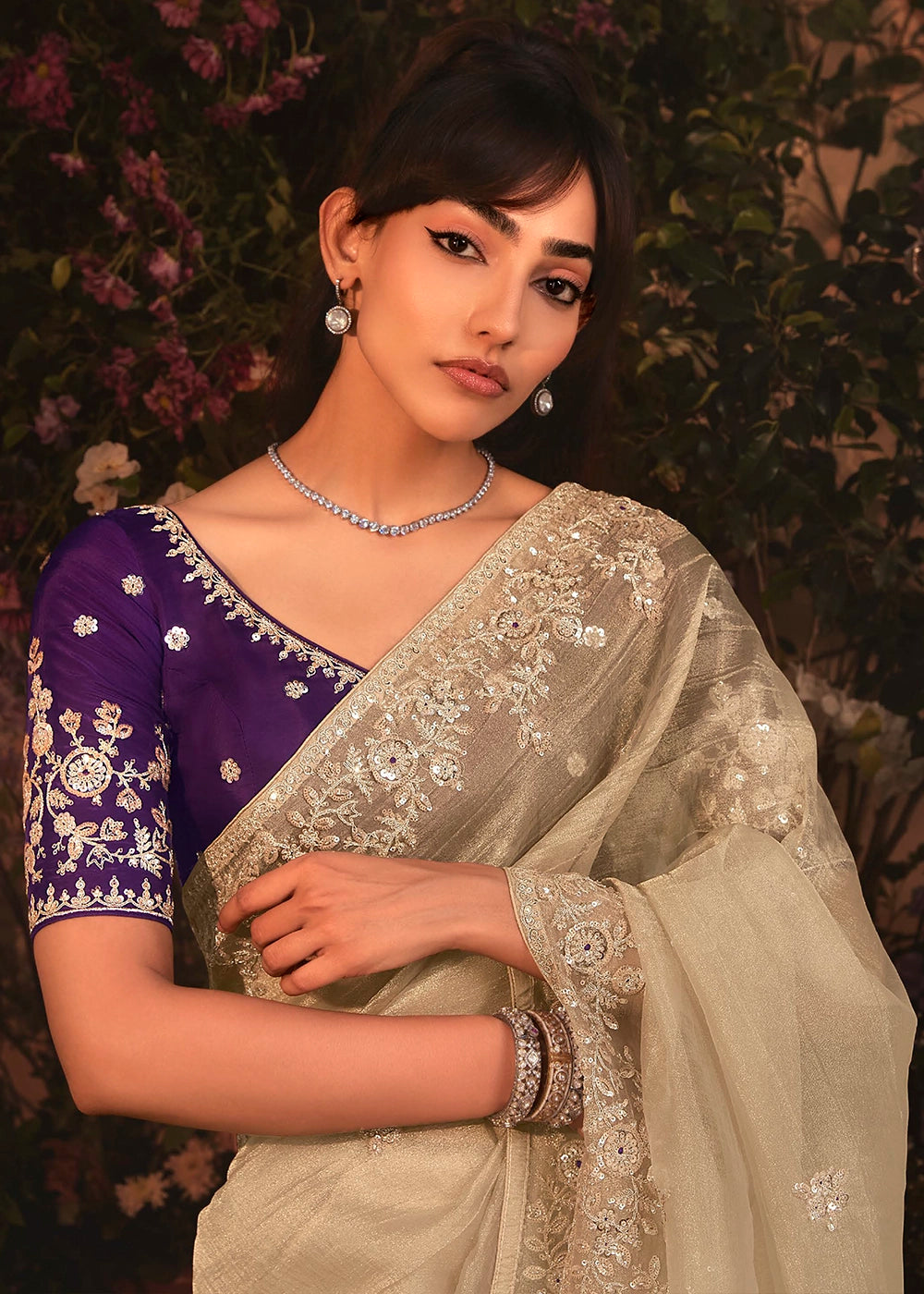 Oyster Grey Embroidered Tissue Organza Saree – Designer Collection