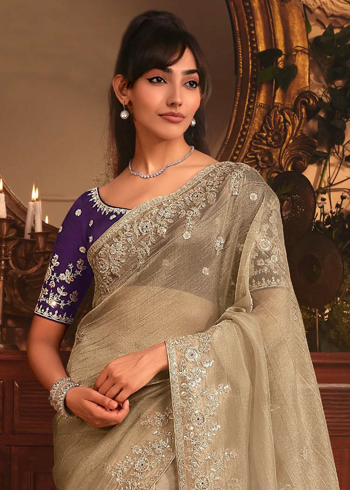 Oyster Grey Embroidered Tissue Organza Saree – Designer Collection