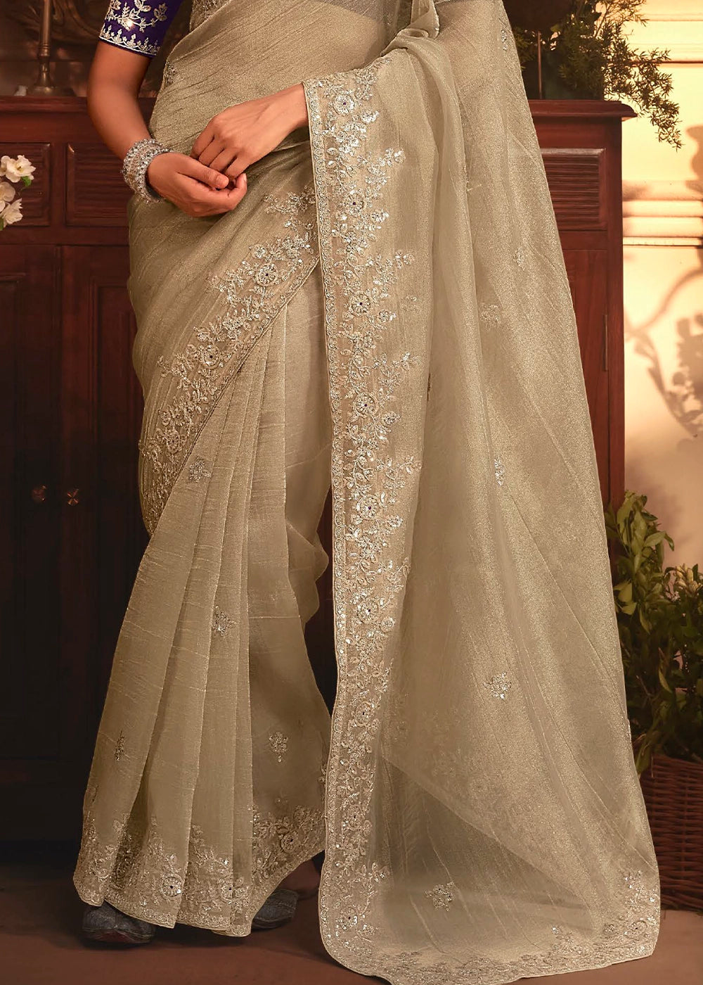 Oyster Grey Embroidered Tissue Organza Saree – Designer Collection