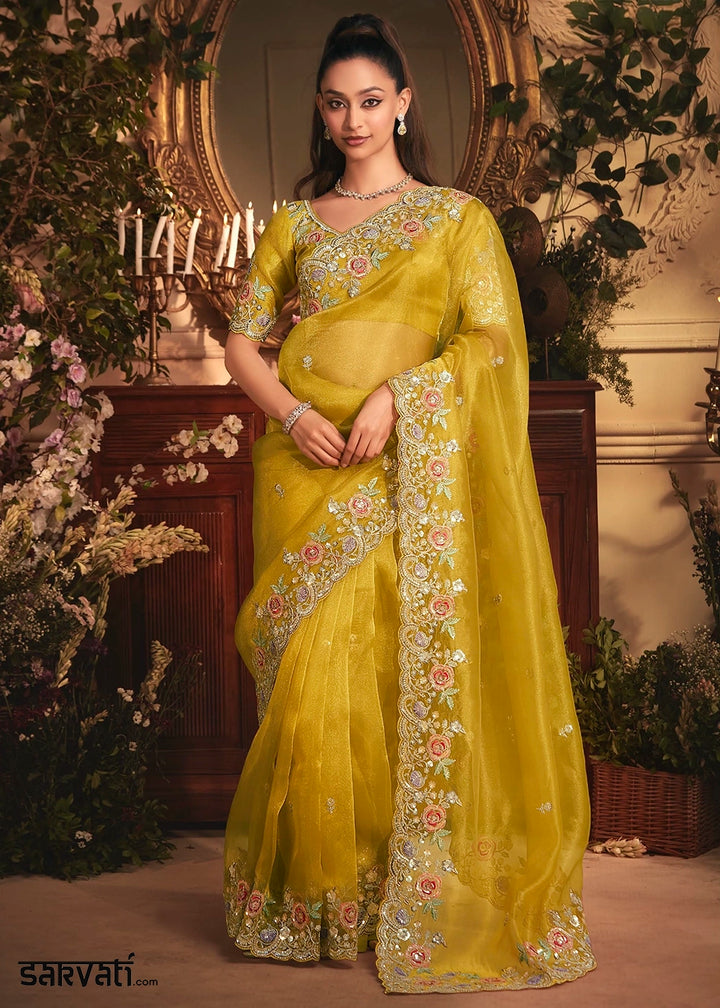 Golden Yellow Embroidered Tissue Organza Saree – Designer Collection