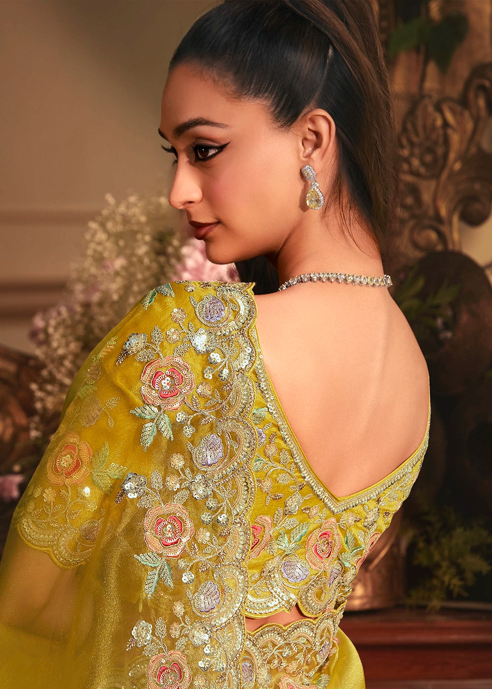 Golden Yellow Embroidered Tissue Organza Saree – Designer Collection
