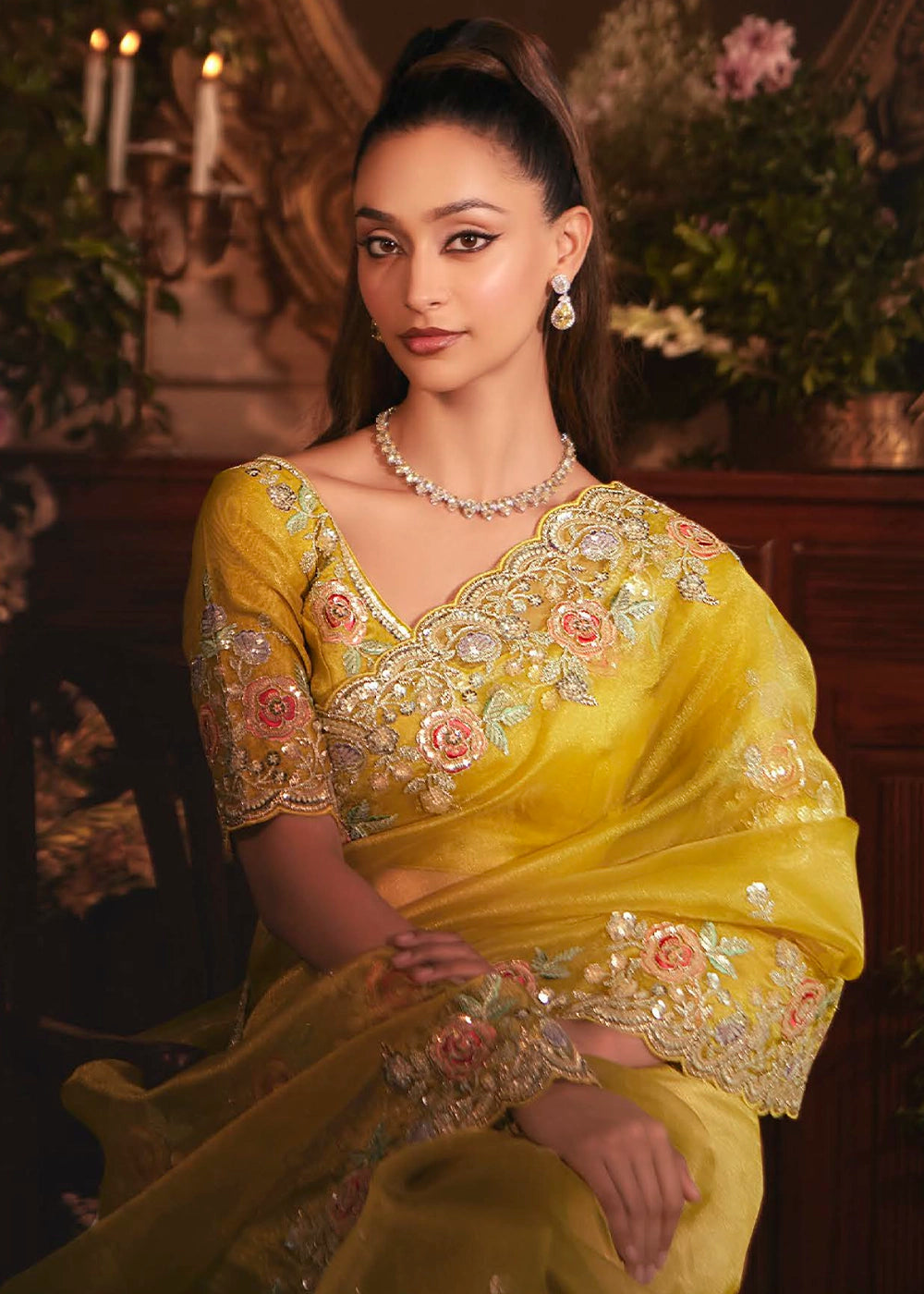 Golden Yellow Embroidered Tissue Organza Saree – Designer Collection