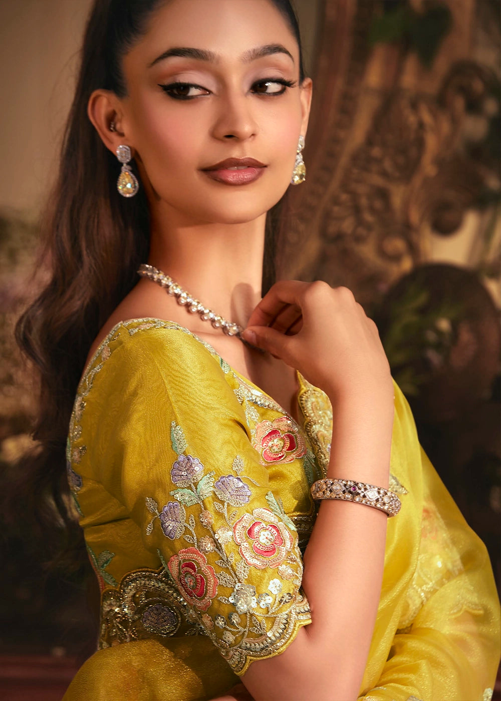 Golden Yellow Embroidered Tissue Organza Saree – Designer Collection