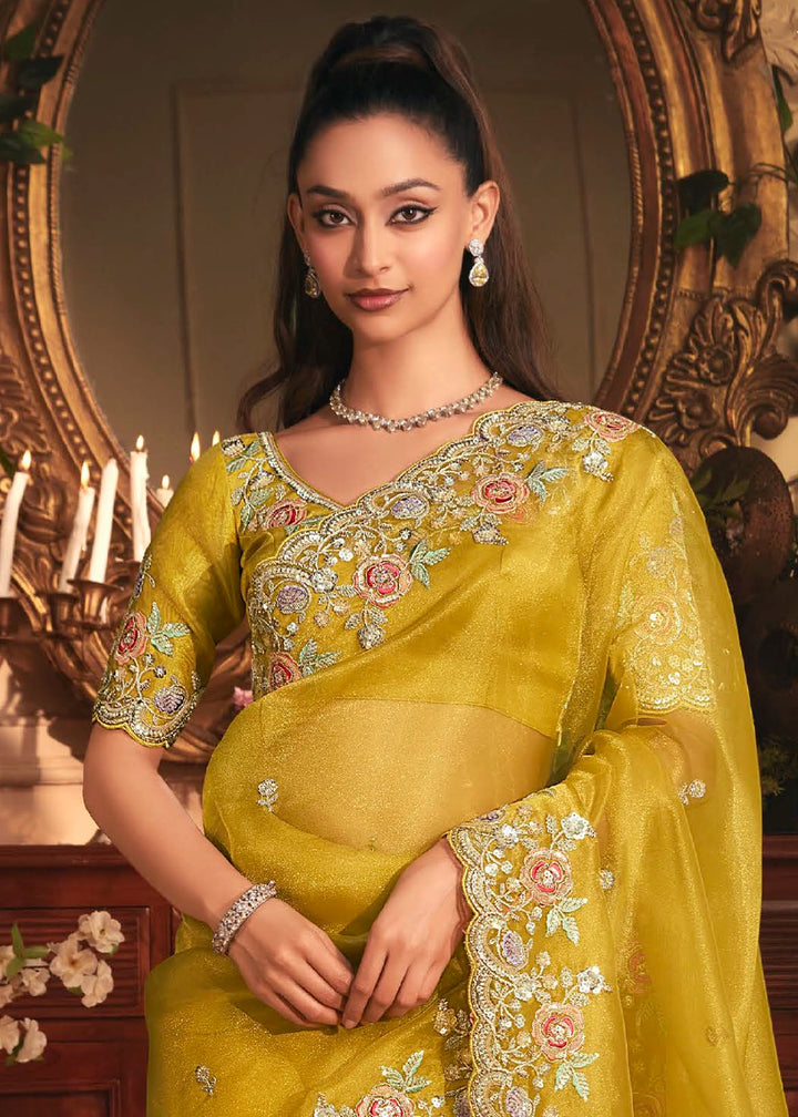 Golden Yellow Embroidered Tissue Organza Saree – Designer Collection