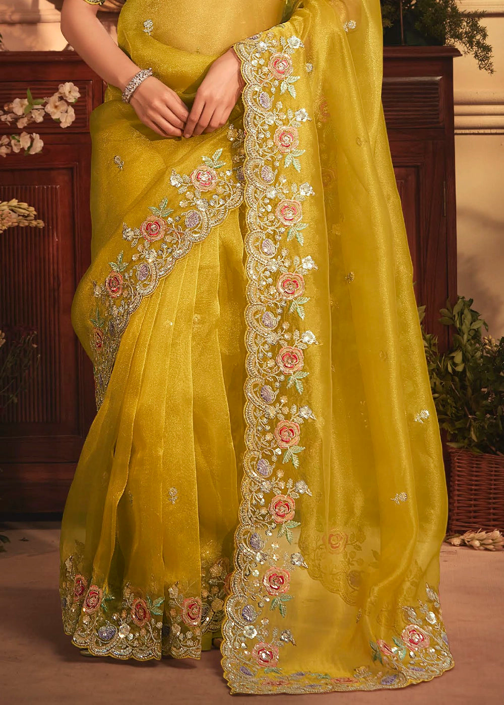 Golden Yellow Embroidered Tissue Organza Saree – Designer Collection