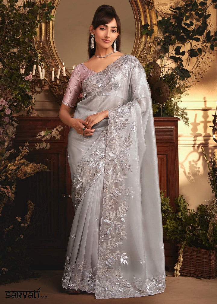 Fog Grey Embroidered Tissue Organza Saree – Designer Collection