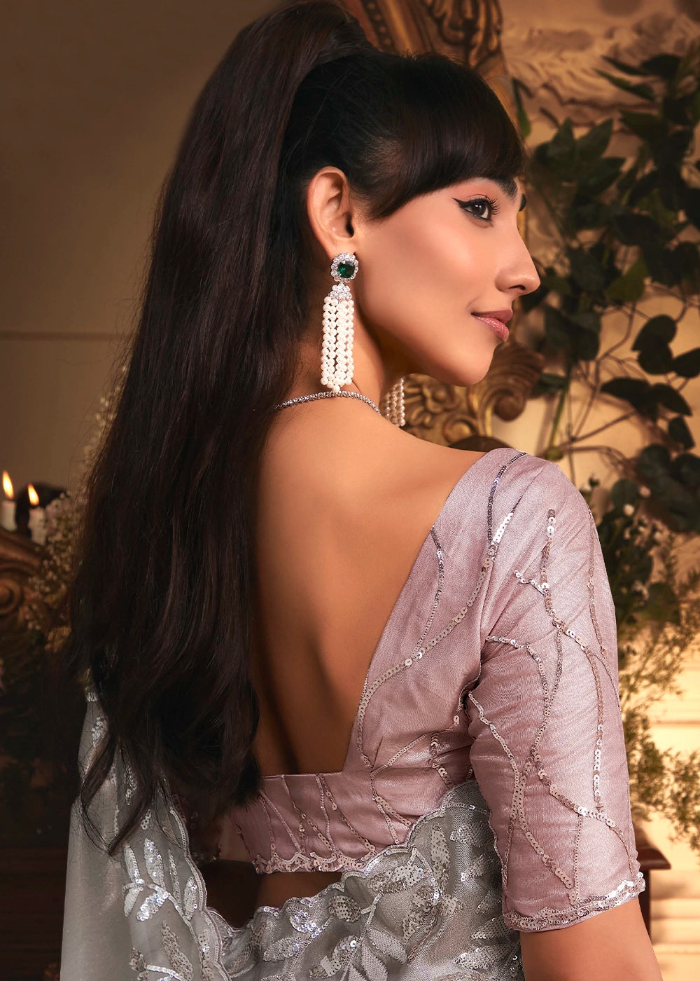 Fog Grey Embroidered Tissue Organza Saree – Designer Collection