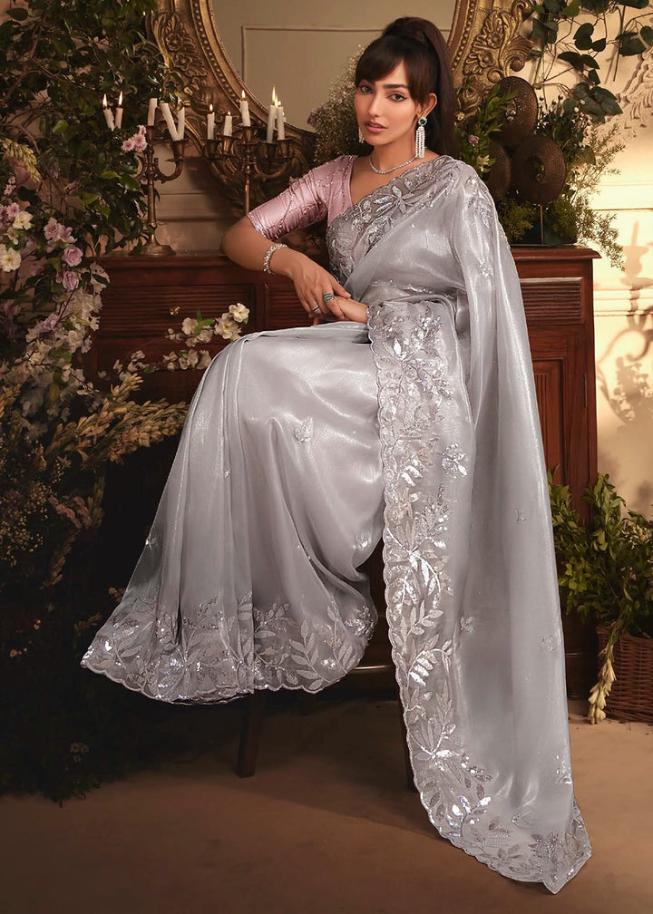 Fog Grey Embroidered Tissue Organza Saree – Designer Collection