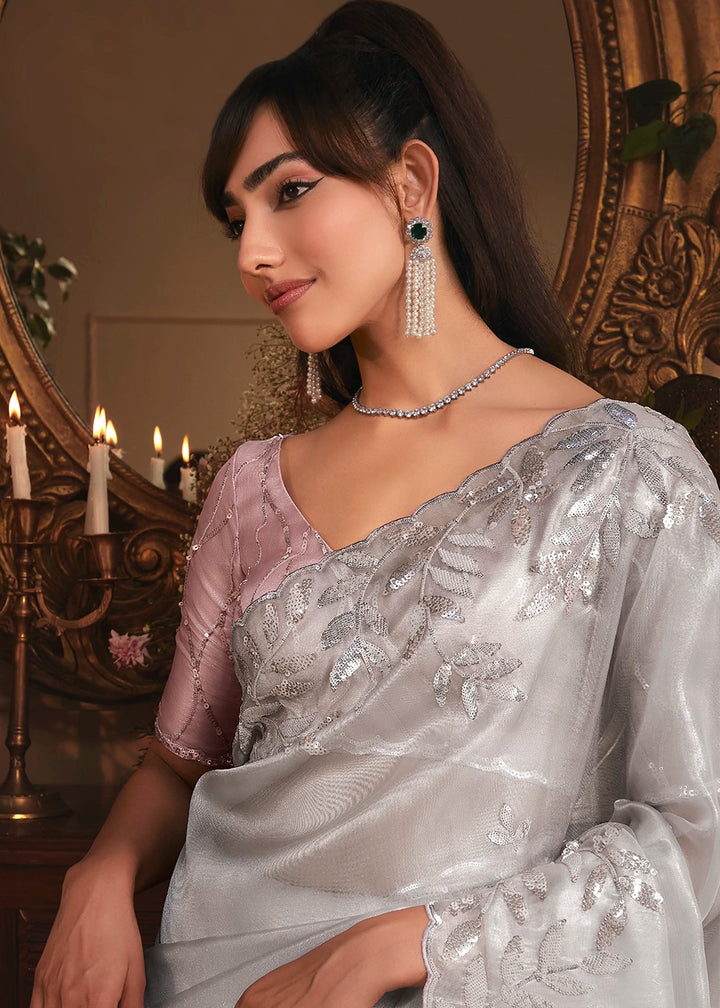 Fog Grey Embroidered Tissue Organza Saree – Designer Collection