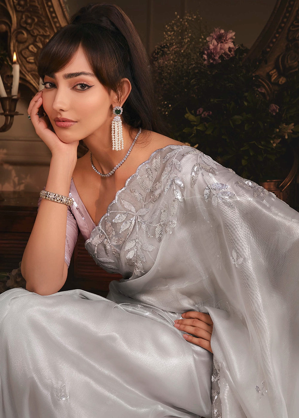 Fog Grey Embroidered Tissue Organza Saree – Designer Collection