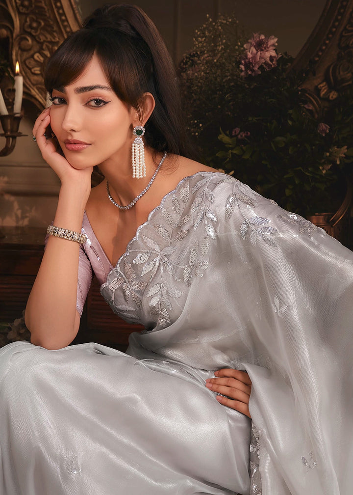 Fog Grey Embroidered Tissue Organza Saree – Designer Collection