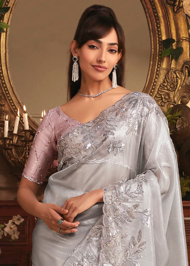 Fog Grey Embroidered Tissue Organza Saree – Designer Collection