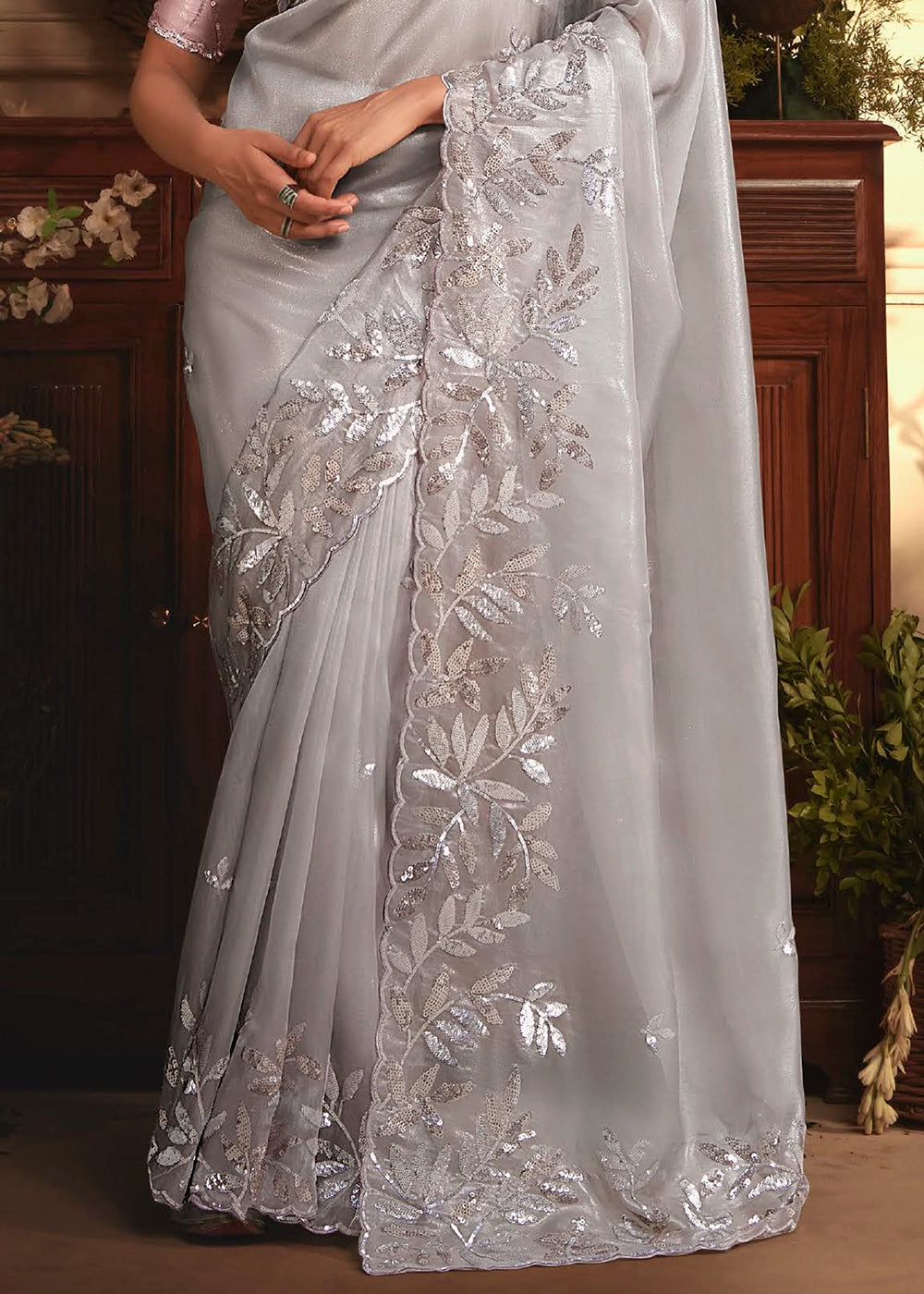 Fog Grey Embroidered Tissue Organza Saree – Designer Collection