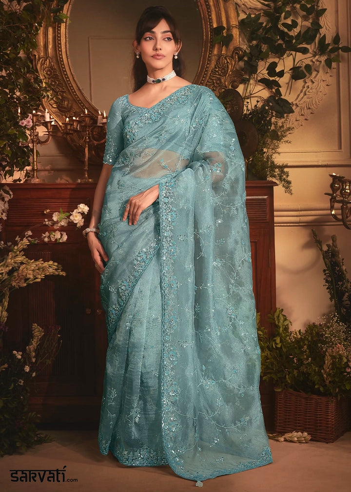 Cadet Blue Embroidered Tissue Organza Saree – Designer Collection