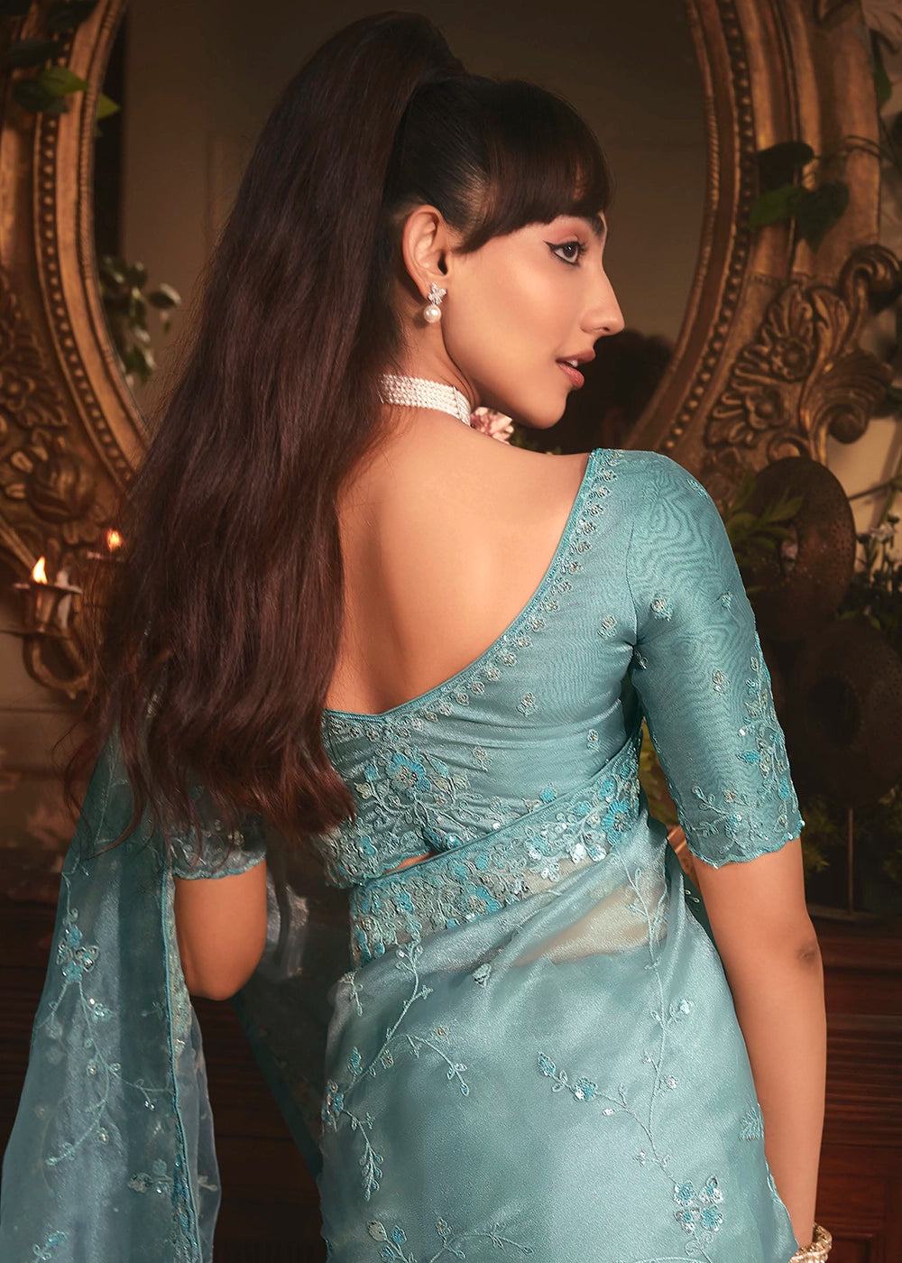 Cadet Blue Embroidered Tissue Organza Saree – Designer Collection