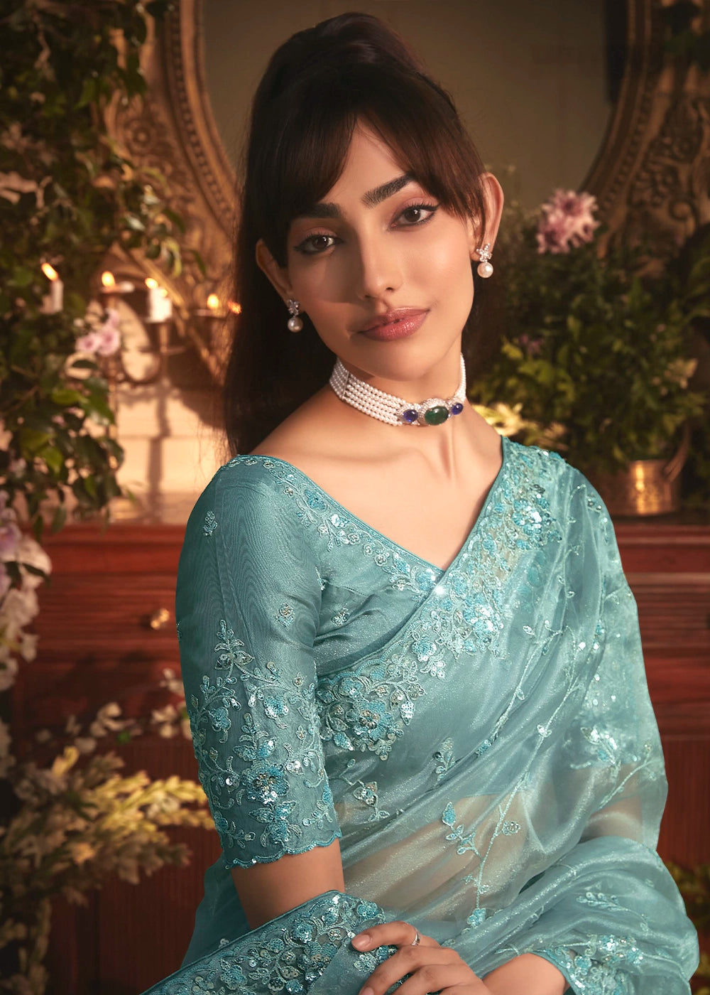 Cadet Blue Embroidered Tissue Organza Saree – Designer Collection