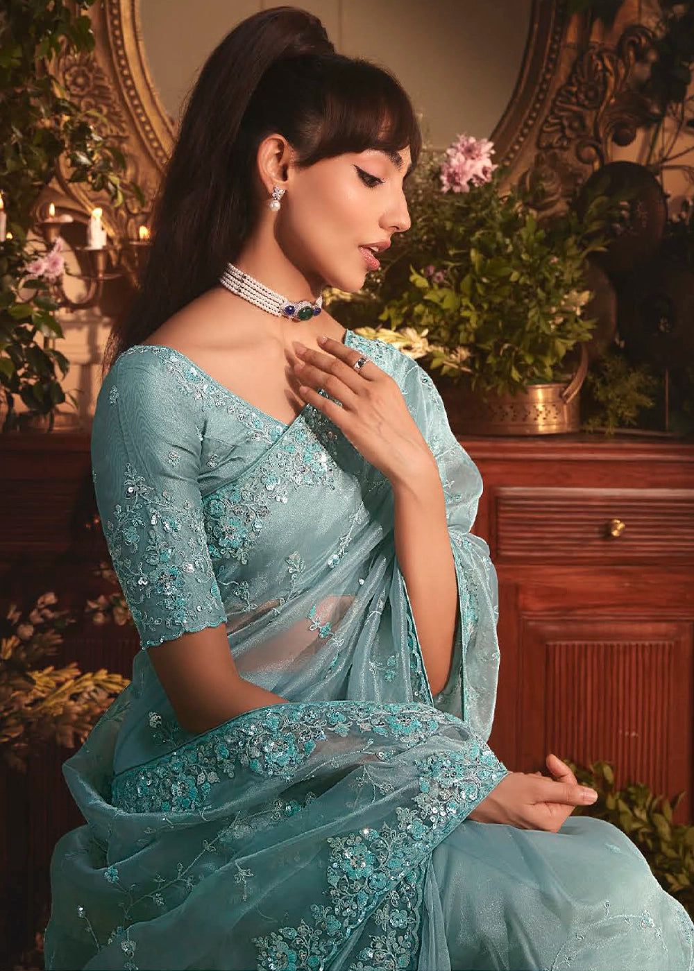 Cadet Blue Embroidered Tissue Organza Saree – Designer Collection