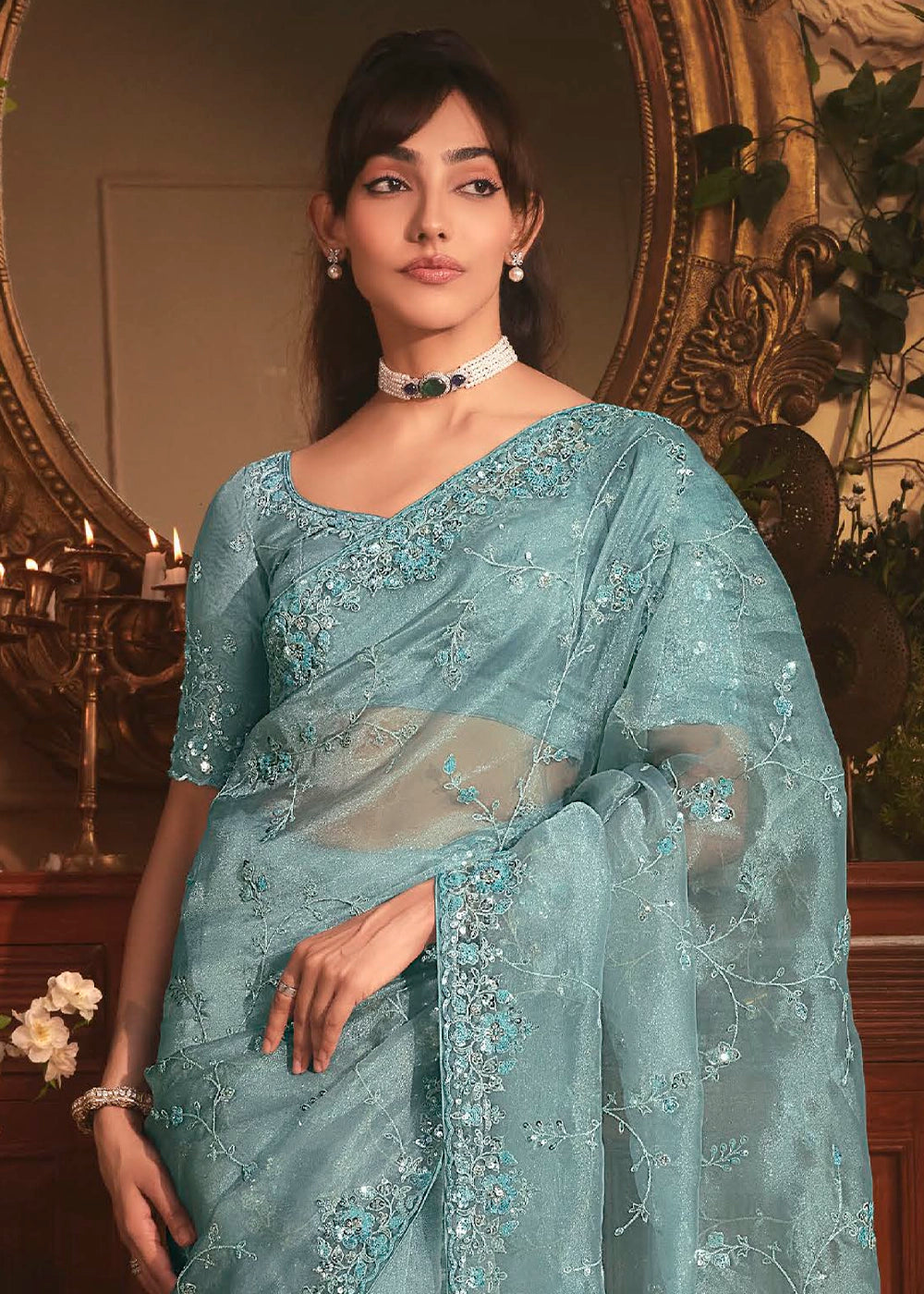 Cadet Blue Embroidered Tissue Organza Saree – Designer Collection