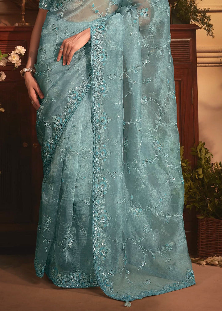 Cadet Blue Embroidered Tissue Organza Saree – Designer Collection