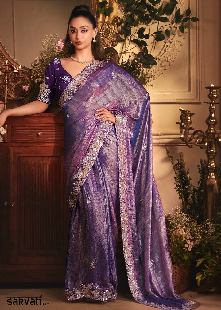 Eggplant Purple Embroidered Tissue Organza Saree – Designer Collection