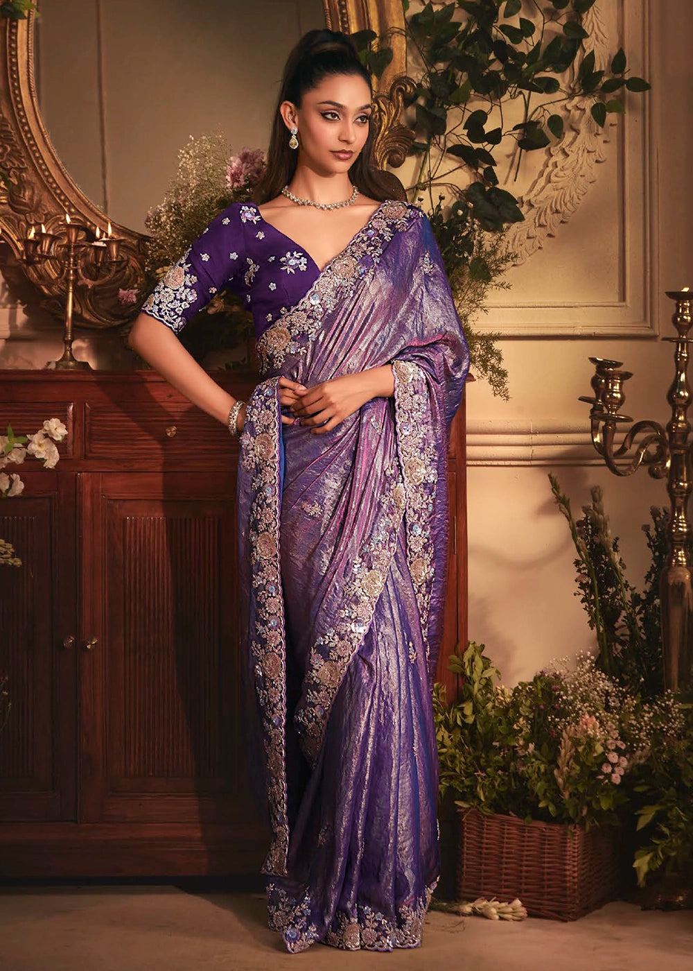 Eggplant Purple Embroidered Tissue Organza Saree – Designer Collection