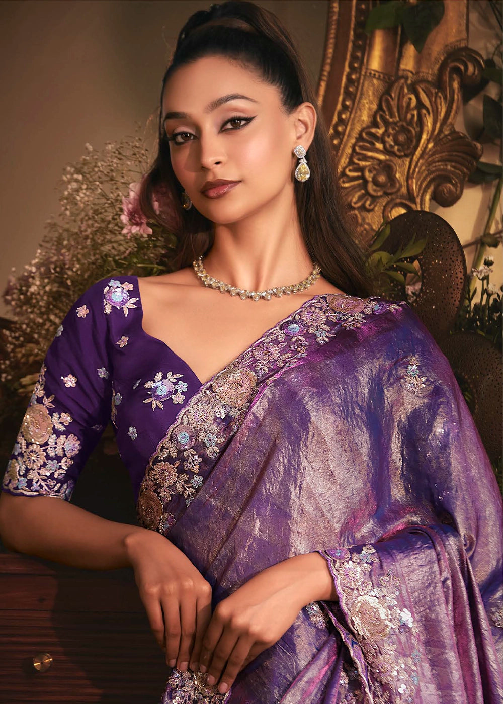 Eggplant Purple Embroidered Tissue Organza Saree – Designer Collection