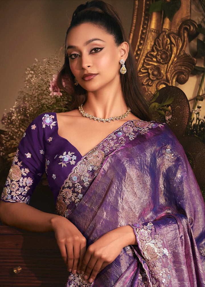Eggplant Purple Embroidered Tissue Organza Saree – Designer Collection