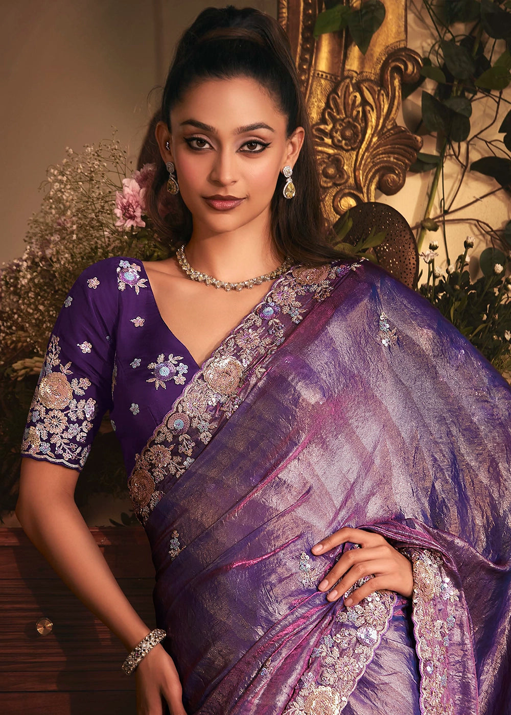 Eggplant Purple Embroidered Tissue Organza Saree – Designer Collection