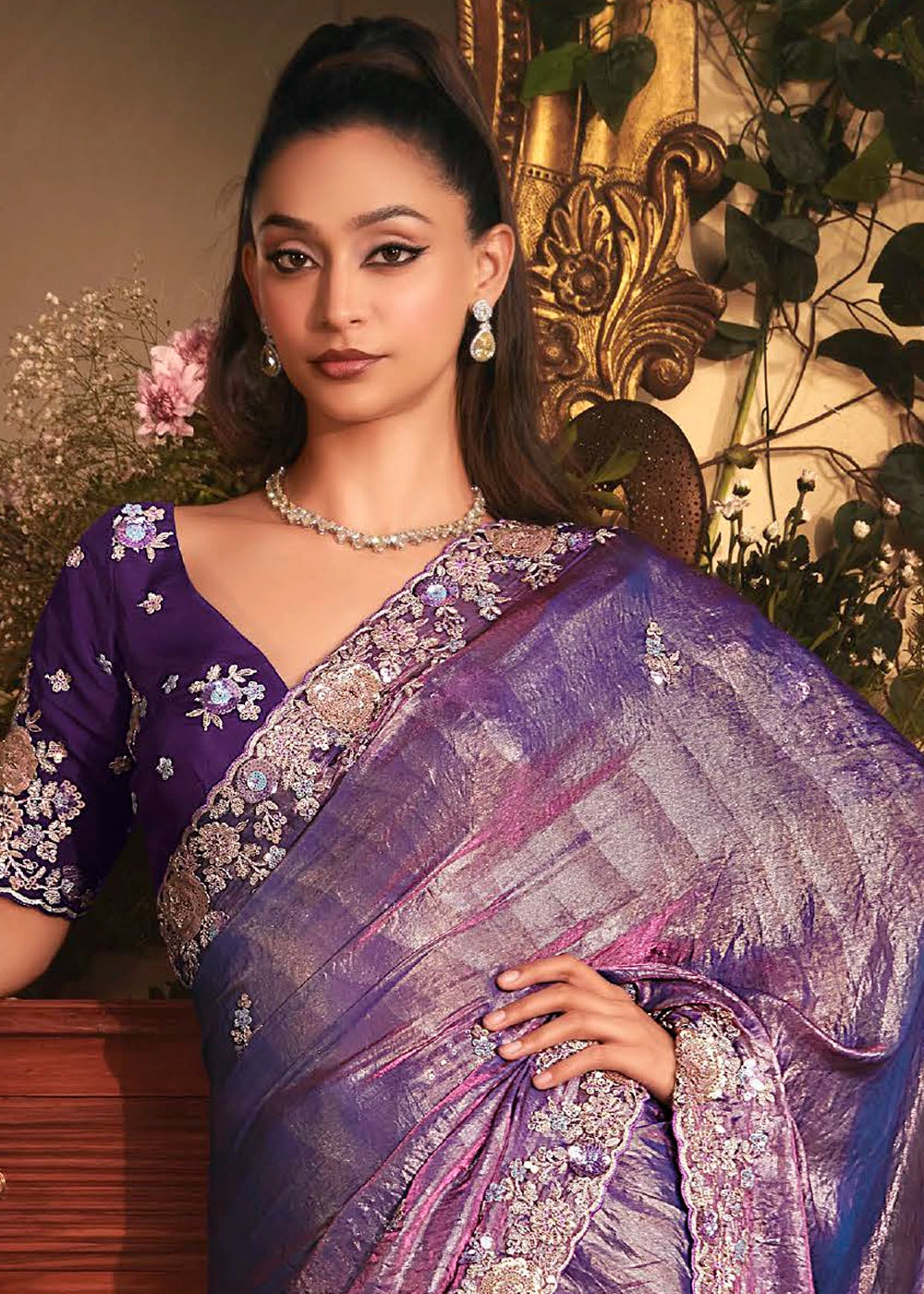 Eggplant Purple Embroidered Tissue Organza Saree – Designer Collection