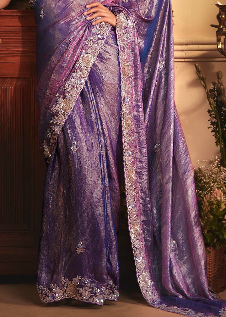 Eggplant Purple Embroidered Tissue Organza Saree – Designer Collection