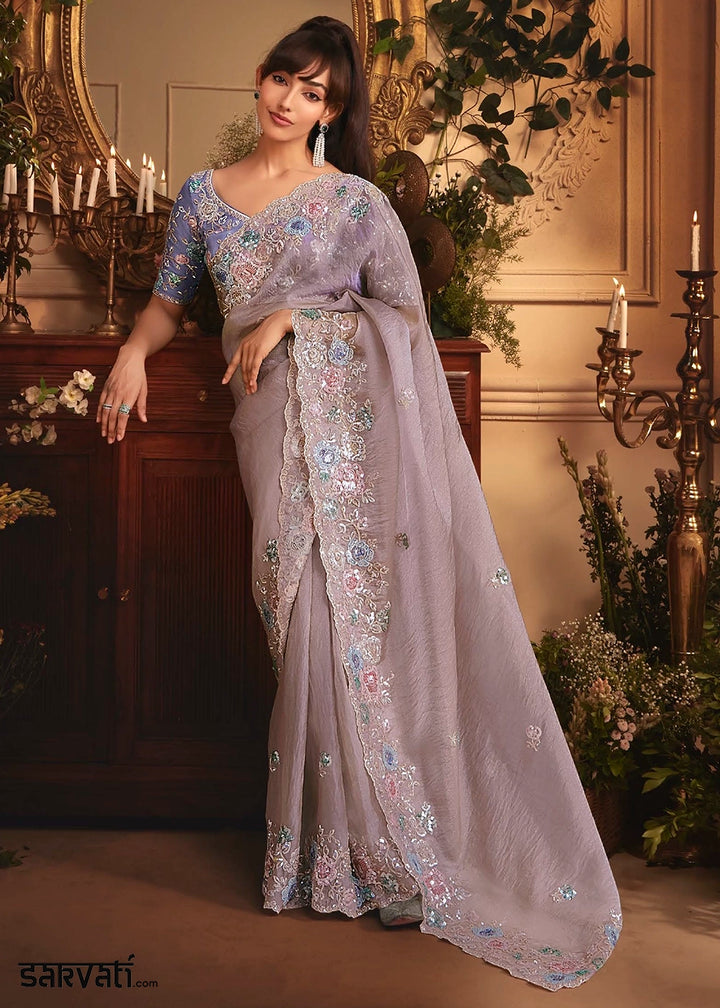 Lilac Purple Embroidered Tissue Organza Saree – Designer Collection