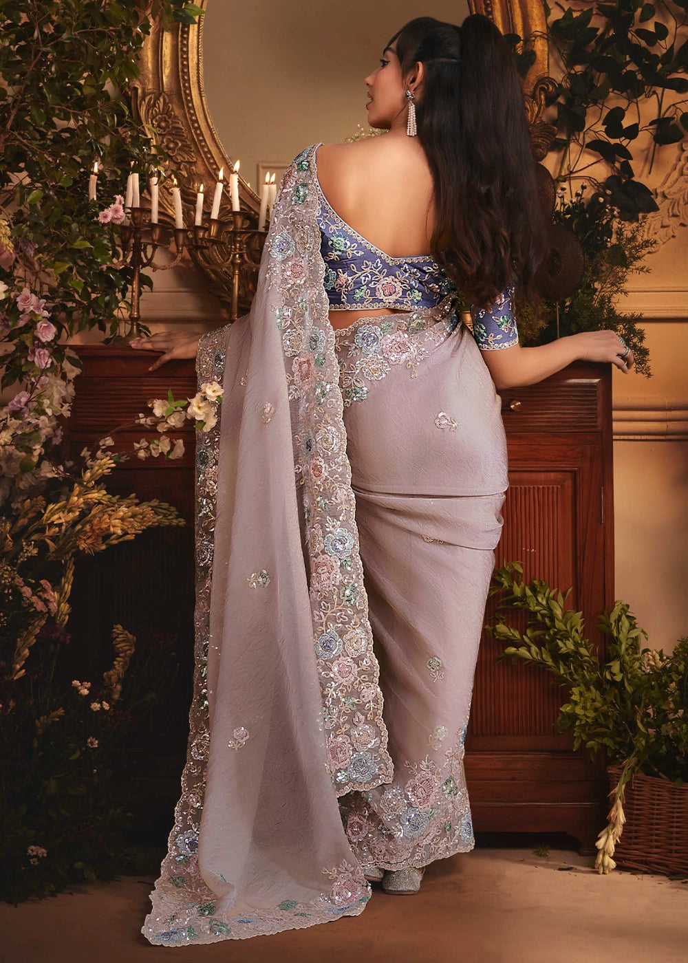 Lilac Purple Embroidered Tissue Organza Saree – Designer Collection