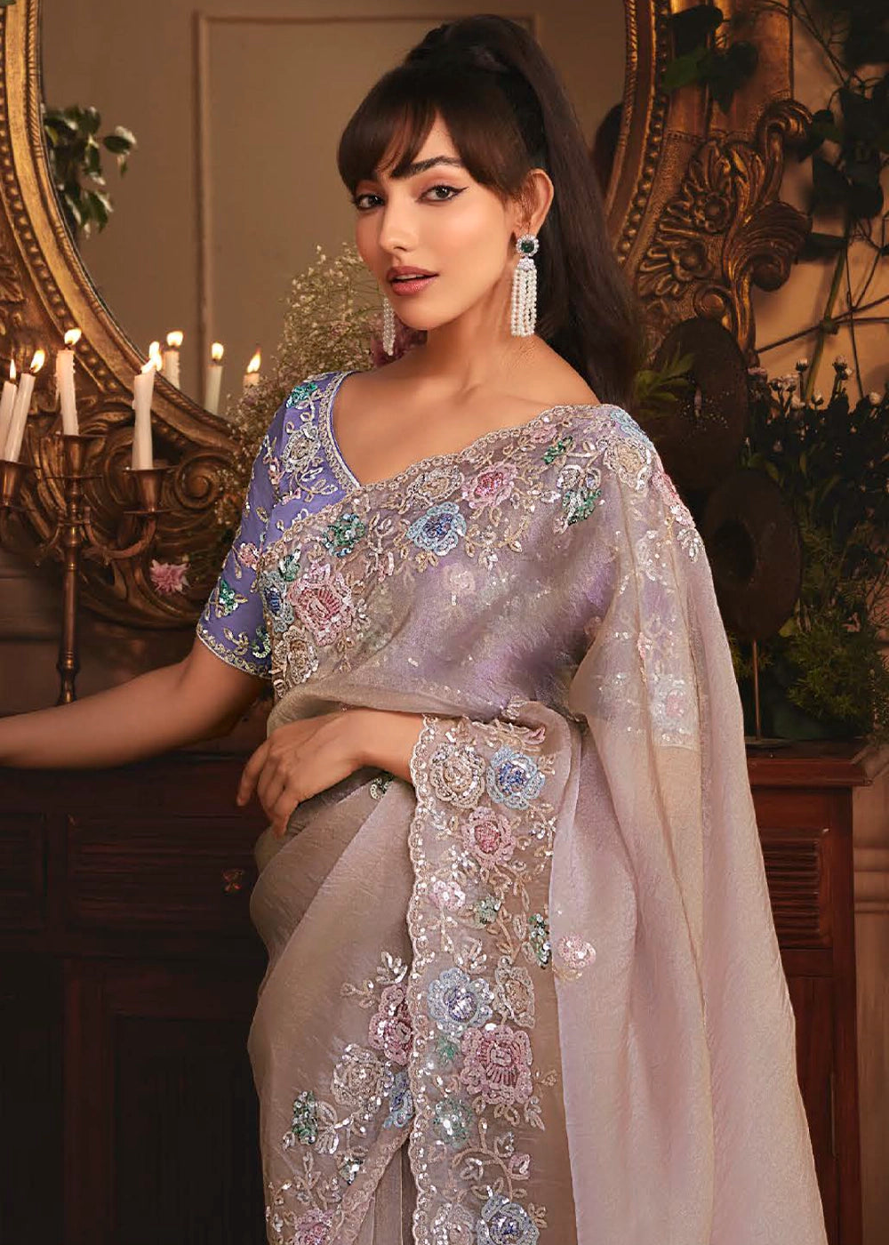 Lilac Purple Embroidered Tissue Organza Saree – Designer Collection