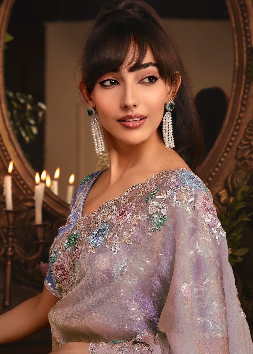 Lilac Purple Embroidered Tissue Organza Saree – Designer Collection